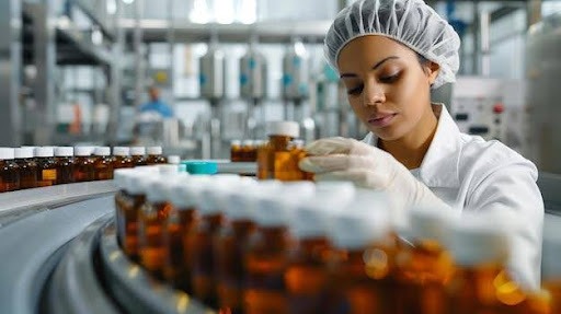 Quality control specialist in a supplement manufacturing facility inspecting amber pill bottles on a production line, ensuring compliance and product safety. Vitamin Manufacturers