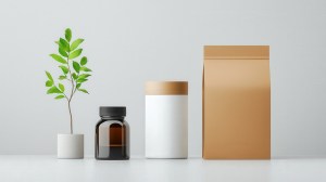 A minimalist display featuring eco-friendly supplement packaging, including a dark amber glass bottle with a black cap, a white cylindrical container with a tan lid, and a kraft paper pouch, arranged beside a small green potted plant on a clean white surface.