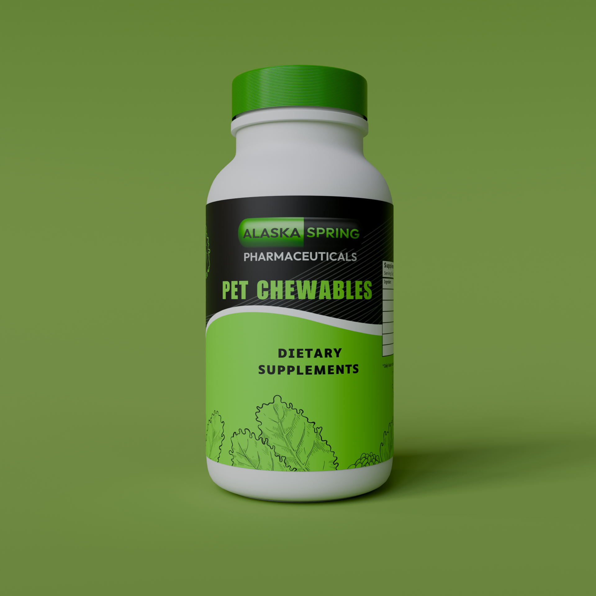 Alaska Spring Pharmaceuticals dietary supplement container for pet chewables, highlighting premium-quality products by a reliable pet supplement manufacturer. Perfect for private label pet chewables and custom dietary formulations