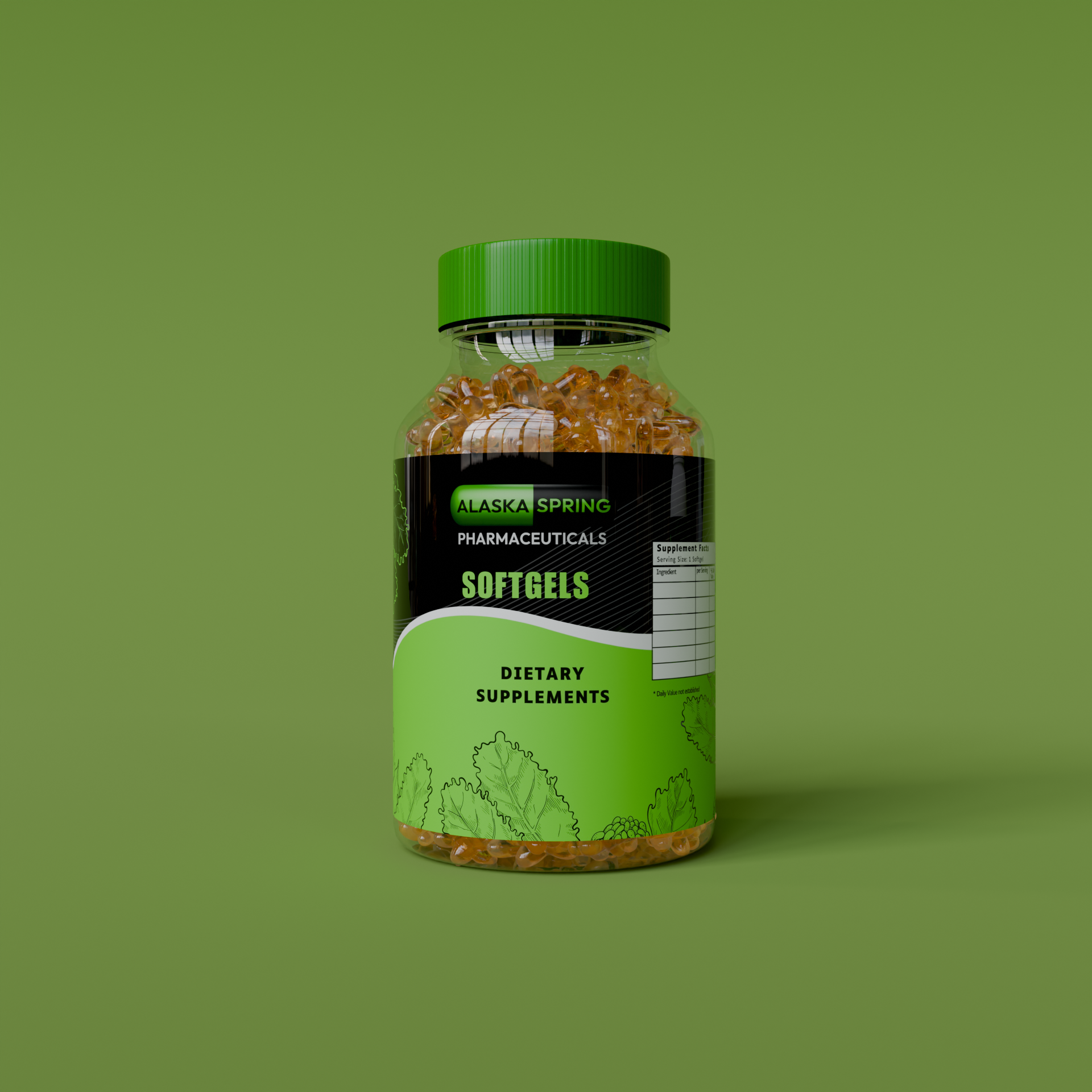 Alaska Spring Pharmaceuticals dietary supplement container showcasing high-quality softgels, representing a trusted softgel supplement manufacturer. Ideal for private label softgel production, nutritional supplements, and custom softgel formulations.