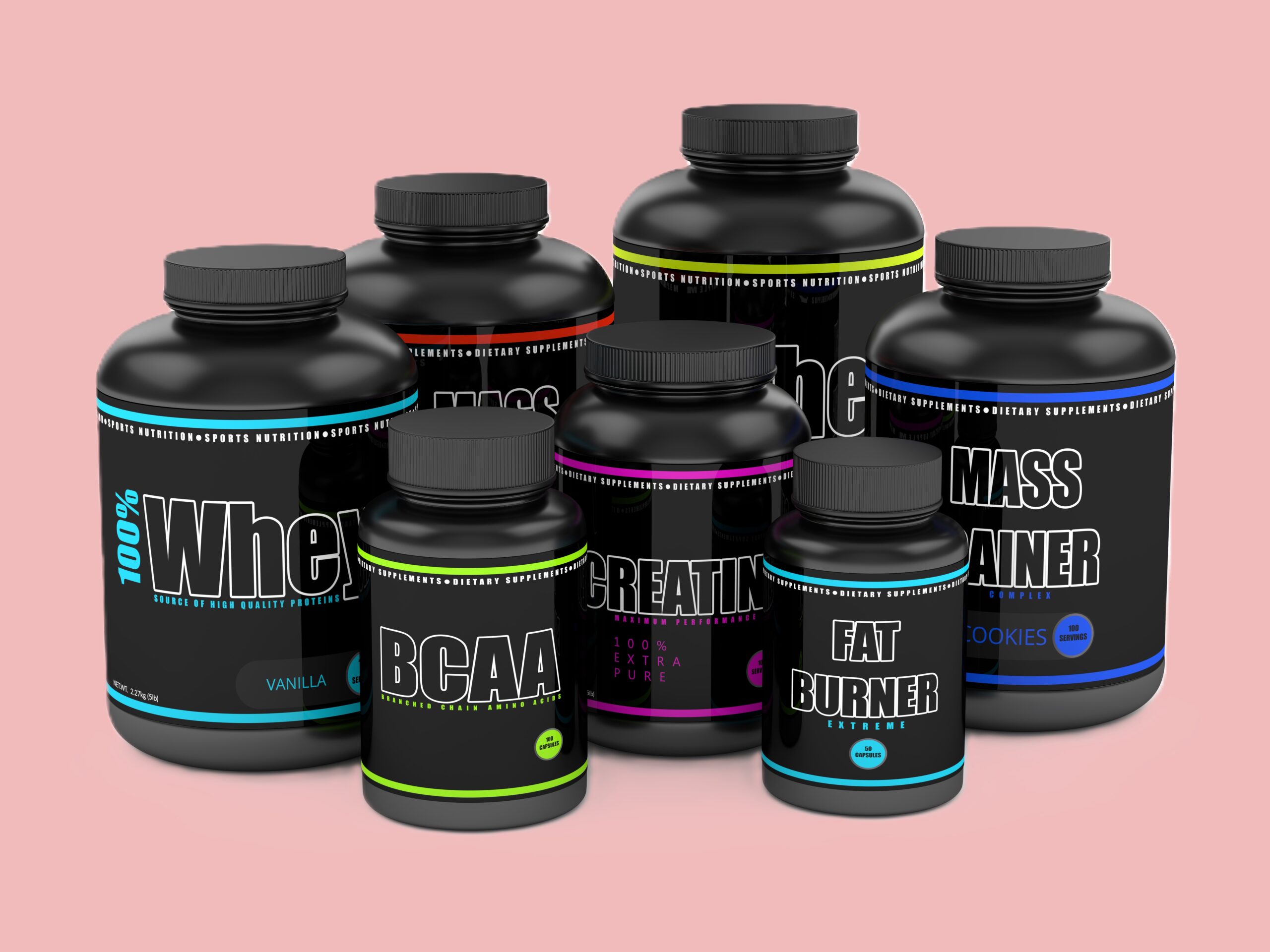 Assorted private label supplements in black packaging, including BCAA, Creatine, CLA, L-Carnitine, and Carbohydrate powders. Premium private label dietary supplements and private label health supplements designed for sports nutrition and fitness enthusiast