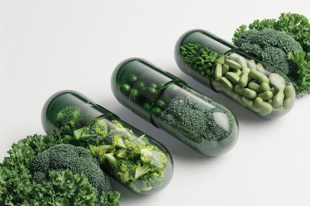 Conceptual image of green vegetable capsules filled with broccoli, peas, and leafy greens, symbolizing plant-based and natural dietary supplements. Nutraceuticals