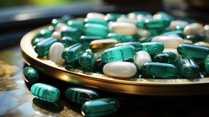 Close-up of glossy green and white capsules on a golden tray, representing premium products crafted by a leading dietary supplements manufacturer specializing in vitamins manufacturing and trusted among vitamins dietary supplements manufacturers.