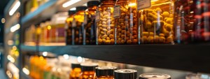 a close-up of a meticulously arranged display of private label supplement bottles, each labeled with clear, bold safety information, illuminated by soft, natural light to highlight the emphasis on quality and consumer trust.