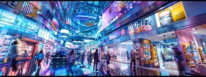 a futuristic scene depicting a vibrant marketplace bustling with innovative private label supplement products under bright, dynamic lighting, showcasing the evolution of consumer preferences and technological advancements in the industry.