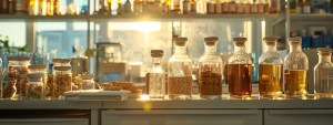 a pristine, sunlit laboratory setting showcases a diverse array of vibrant, natural ingredients displayed in glass jars, emphasizing the meticulous examination of sourcing and quality in dietary supplements.
