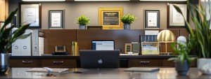 a professional and inviting workspace featuring a sleek desk with a laptop open to customer reviews, alongside a backdrop of award plaques and branding materials, symbolizing the commitment to quality and reliability in dietary supplement manufacturing.