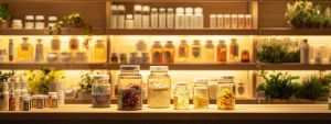 a vivid display of a beautifully arranged supplement product with clear, transparent packaging surrounded by fresh, natural ingredients, illuminated by soft, warm lighting to evoke trust and quality.