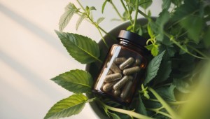 Amber bottle filled with green capsules nestled among fresh herbal leaves – natural wellness concept for Private Label Herbal Supplements.