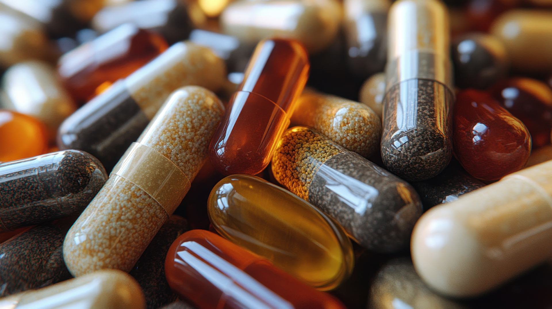 A diverse assortment of dietary capsules showcasing various supplement formulations, including softgels, powder-filled capsules, and gel-based supplements, representing advanced supplement manufacturing processes