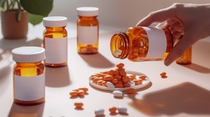 A hand pours orange and white pills from a clear amber bottle onto a white plate. There are three other amber bottles with white labels sitting on a white surface. The bottles are filled with pills. The photo has a soft, natural light. White label supplemenst