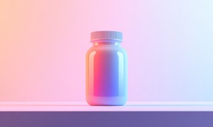 A blank white supplement jar on a table with gradient lighting, ideal for showcasing Private Label Supplements. This image represents a concept used by a Private Label Supplements Company looking to partner with the right manufacturer.