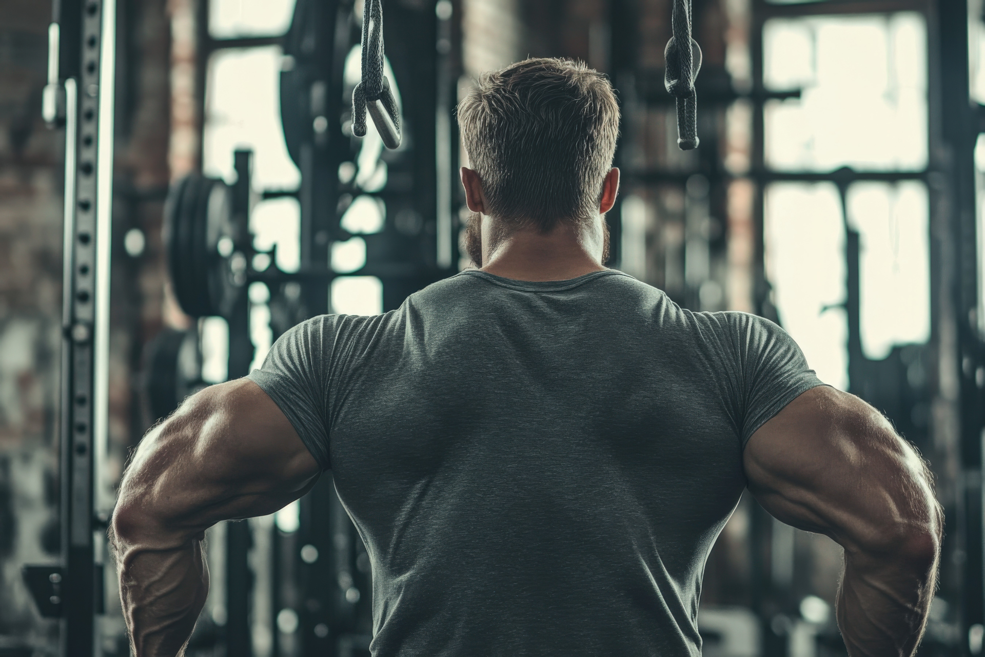 A muscular man with a well-defined back and arms standing in a gym, symbolizing strength and fitness. This image represents the dedication and results achievable with high-quality supplements from an American supplement manufacturers.