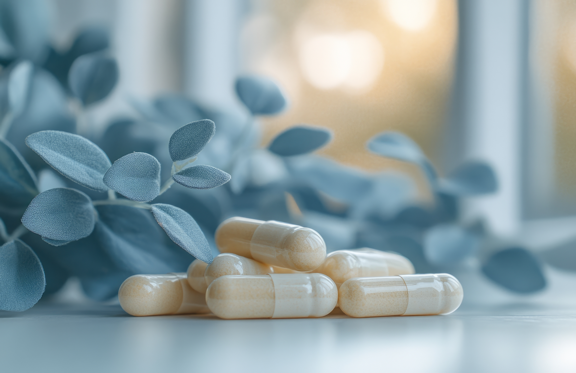 A pile of natural supplement capsules on a clean white surface, with soft blue-green leaves in the background. The image reflects the commitment of an ethical supplement manufacturer to quality, purity, and sustainability in health and wellness products