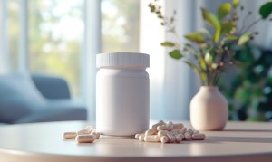 White Label Supplement Capsules in USA – a clean white pill bottle surrounded by beige capsules on a table in a bright, modern home setting, representing private label nutraceutical products