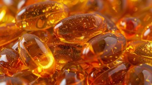 Close-up of golden softgel capsules – high-quality product from top softgel manufacturing companies specializing in dietary supplements.