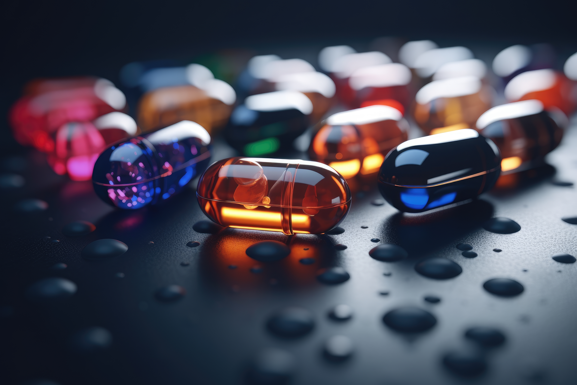 Close-up of glossy, colorful supplement capsules with liquid interiors on a dark surface with water droplets, representing innovation and quality in a softgel manufacturing company