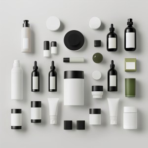 An orderly arrangement of skincare bottles with a variety of contents visible. White background. Concept of cosmetic packaging, product design, color contrast, beauty collection for private label brand for Success