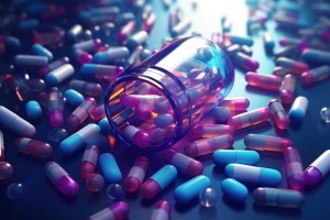 An open container spilling colorful pink, white, and purple tablets onto a dark surface, with a soft pink mist in the background. This image represents the flexibility and branding opportunities of white label supplements, providing customizable health solutions for businesses