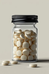White label supplement tablets in a clear bottle with black cap – premium dietary supplement product concept.