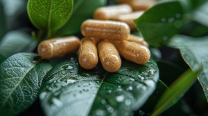 Natural supplement capsules on fresh green leaves with water droplets, representing a clean and eco-conscious supplement company focused on plant-based ingredients and wellness.