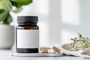 Amber glass supplement bottle with blank white label alongside herbal capsules and delicate white flowers, representing clean, natural Private Label Supplements for health and wellness brands.