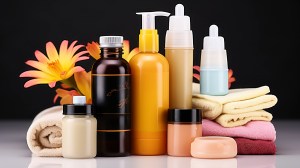 Assorted personal care and cosmetic bottles with minimalist labels, displayed with towels and flowers – symbolizing understanding private label growth, trending private label products to sell, and the expanding market of Private Labels.