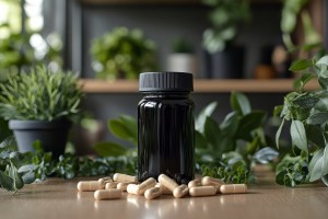 Black bottle with beige capsules surrounded by lush green plants on a wooden surface – premium presentation for Private Label Herbal Supplements.