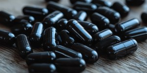 A row of black bottles filled with various supplement capsules on a store shelf, representing private label supplements and custom branding in the supplement industry.