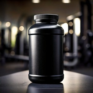Black plastic container mock-up for dietary supplements, commonly used in supplement manufacturing, placed in a gym setting with blurred fitness equipment in the background.