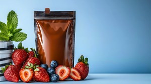 Resealable pouch with strawberries, blueberries, and mint on a blue background – ideal concept for berry-flavored Private Label Protein Products.
