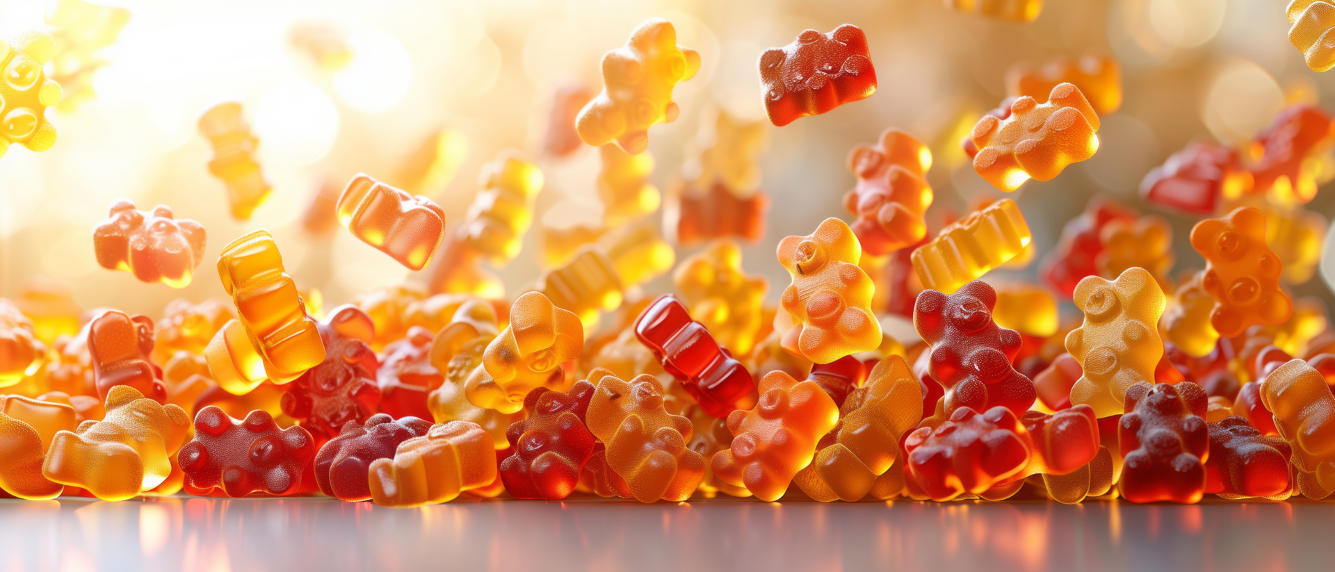 Vibrant gummy supplement manufacturing process showing colorful gummy bears in motion, highlighting their texture and glossy finish under bright lighting