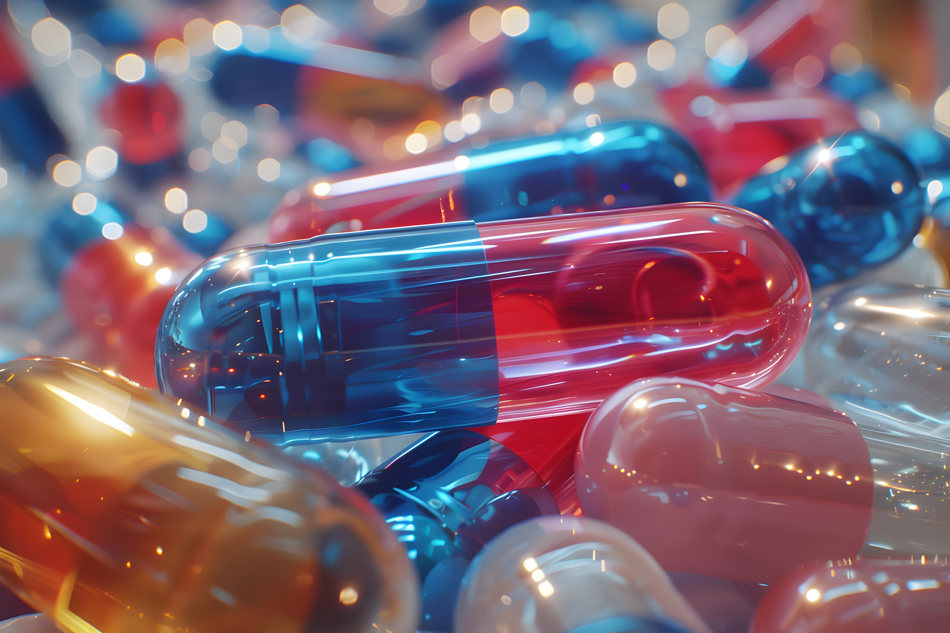 A close-up of vibrant, glossy capsules in red, blue, and orange, reflecting light and creating a futuristic aesthetic. This image represents the opportunity to create and brand your own nutritional supplements, offering unique formulations tailored to health and wellness needs.