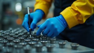 Engineer conducting Quality Assurance in Private Label Manufacturing – close-up of gloved hands inspecting metal parts with precision tools in a controlled manufacturing environment.