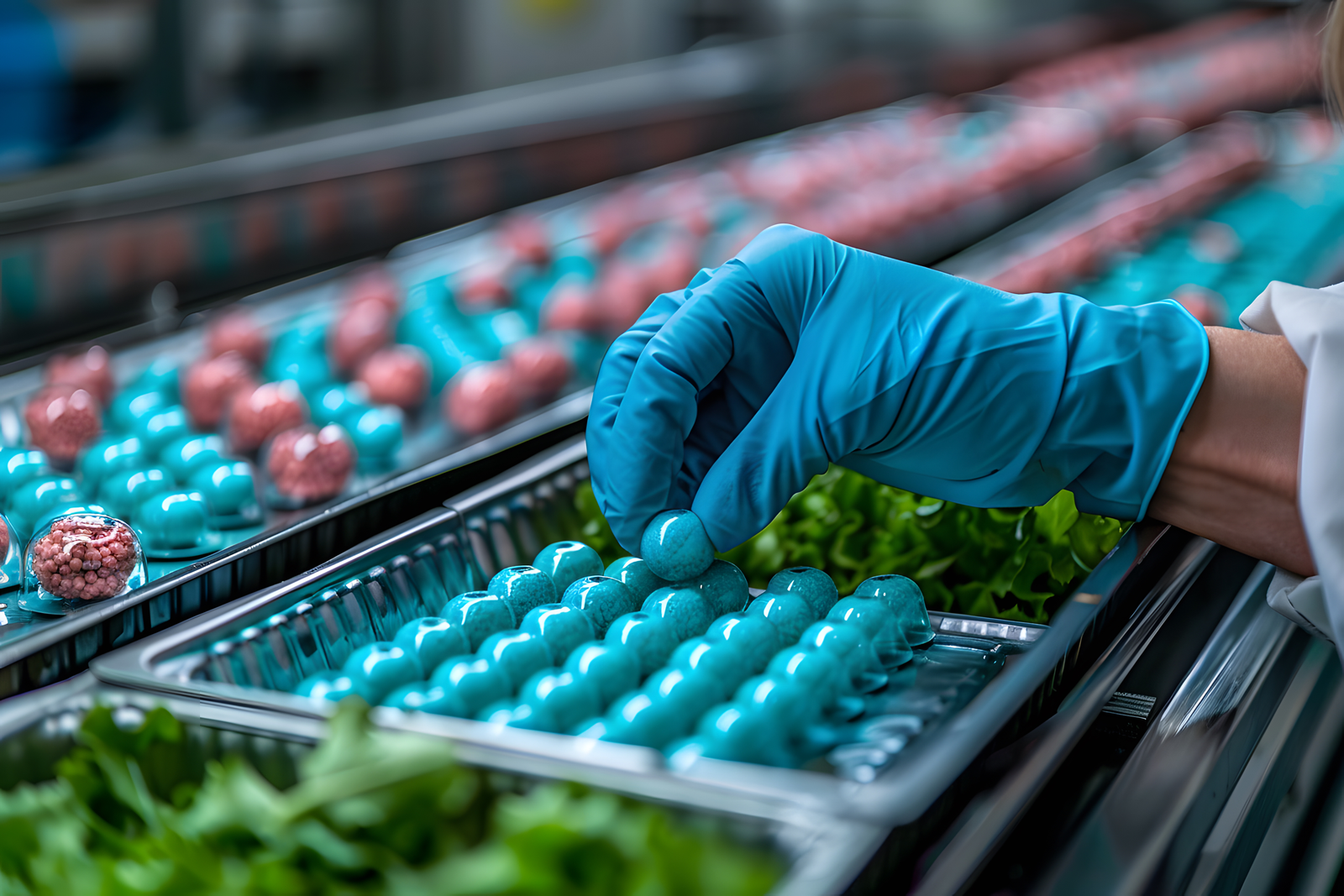 The image depicts a food supplement manufacturing process, where a worker wearing blue gloves is handling blue spherical capsules or supplements on a production line. The setting appears to be a controlled environment, possibly a pharmaceutical or nutraceutical facility, ensuring quality control in supplement packagi