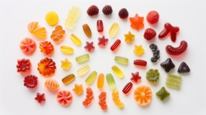 Assorted gummy supplements in various colors, shapes, and textures arranged in a circular pattern, showcasing the diversity of gummy supplement manufacturing