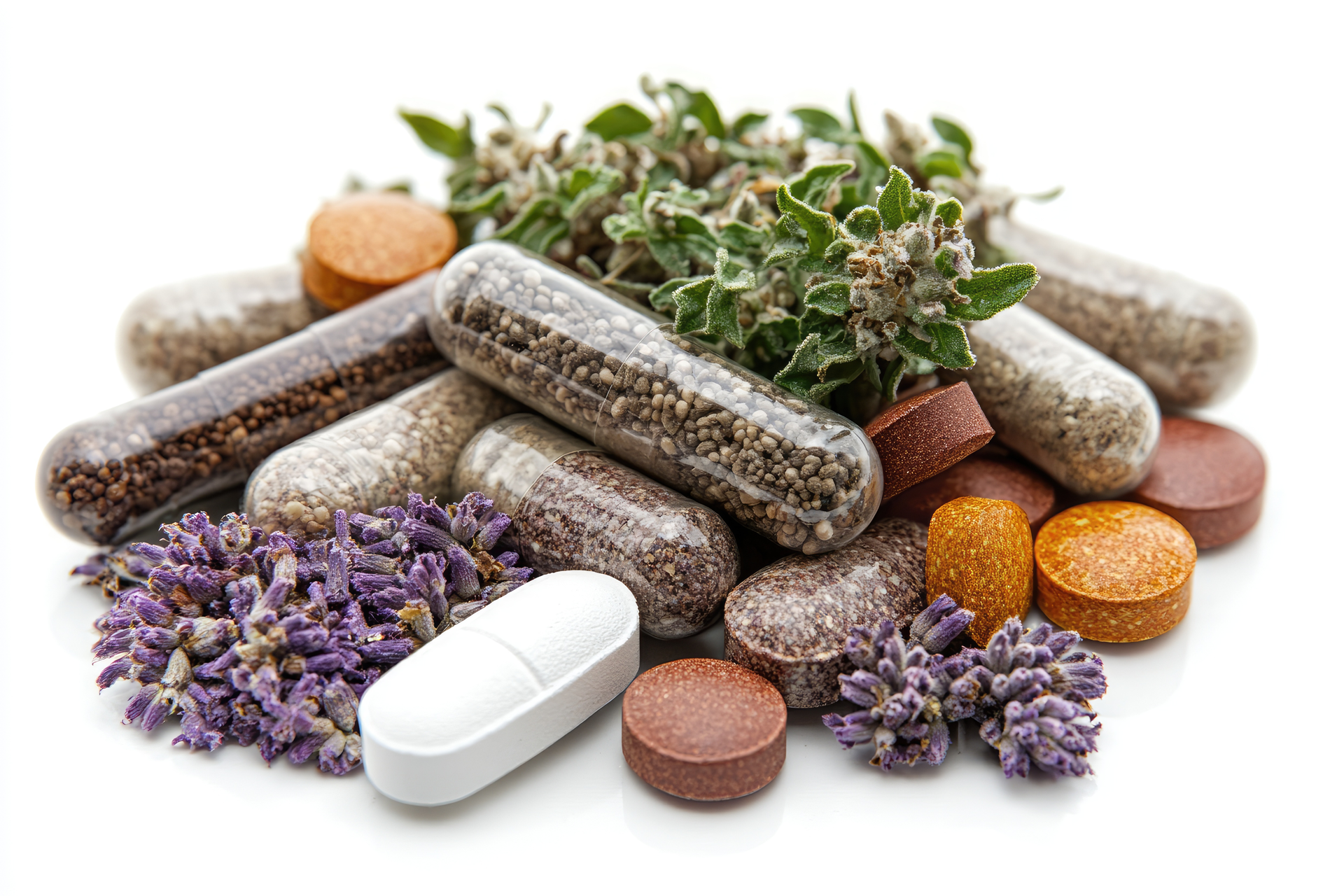 A variety of herbal supplements, including transparent capsules filled with botanical ingredients, tablets, and dried herbs, representing the natural ingredients used in herbal supplement manufacturing