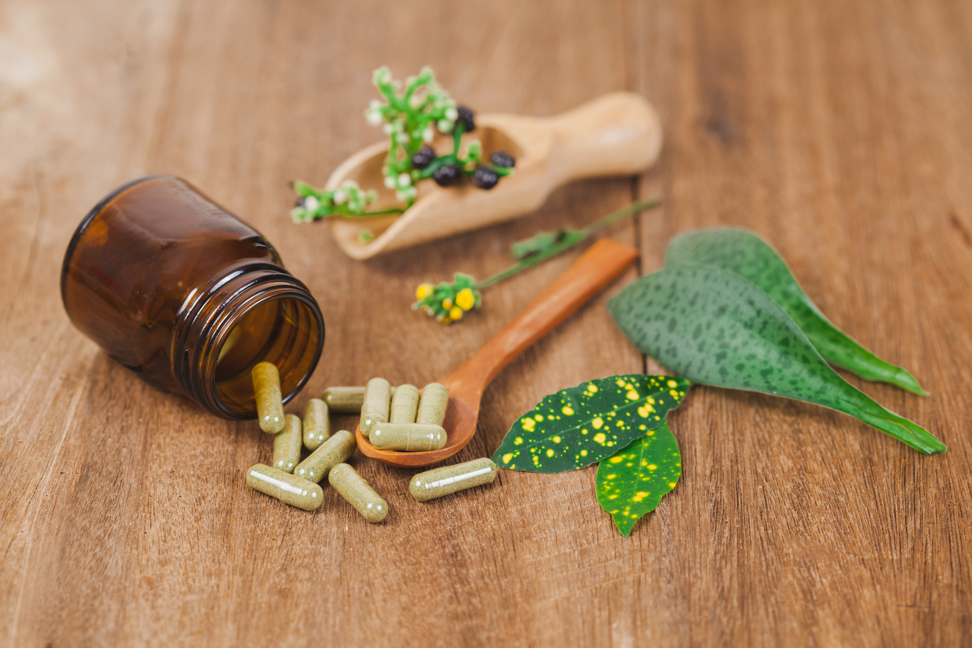 Private label herbal supplements – natural plant-based capsules spilling from an amber bottle, accompanied by fresh green leaves and herbs on a rustic wooden surface, emphasizing organic wellness and holistic health
