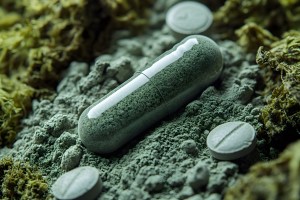 Close-up of a green herbal capsule and tablets resting on powdered ingredients, symbolizing the importance of quality control and testing in manufacturing supplements and vitamins, with a focus on natural and clean supplement production.