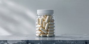 Minimalist image of a clear plastic jar filled with white capsules, representing white label nutritional supplements, placed on a sleek marble surface against a neutral background.
