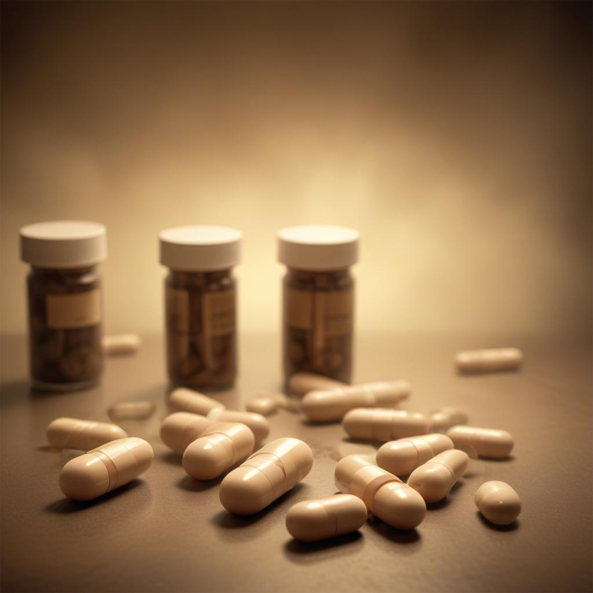 A collection of white capsules scattered on a smooth surface, with three blurred supplement bottles in the background. The image represents the versatility and premium quality of white label supplements, offering customizable health and wellness solutions for brands