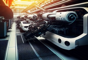 Automated compliance in manufacturing facility with a shot of the conveyor belt carrying solar panels. Generative AI