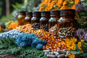 This image beautifully highlights natural dietary supplements alongside fresh herbal ingredients, emphasizing an organic and holistic approach to wellness. It would be ideal for branding herbal supplements, natural vitamins, or organic health products for Vitamin A Manufacturers 