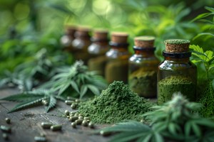 Glass jars filled with green herbal powder and surrounded by capsules and cannabis leaves on a rustic wooden surface – representing certificate of compliance manufacturing, manufacturing compliance, and Manufacturer Certificate of Compliance.