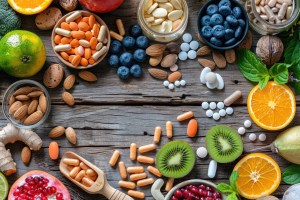 A variety of natural supplements, vitamins, and fresh fruits, including oranges, kiwis, blueberries, almonds, and capsules, displayed on a rustic wooden table, symbolizing health, nutrition, and vitamin manufacturing