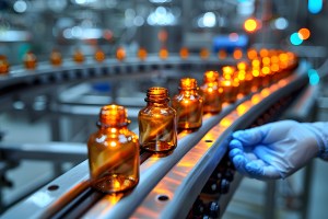 Pharmaceutical production line for Quality Assurance in Private Label Manufacturing – amber glass bottles moving on conveyor belt with gloved hand inspecting under bright factory lighting