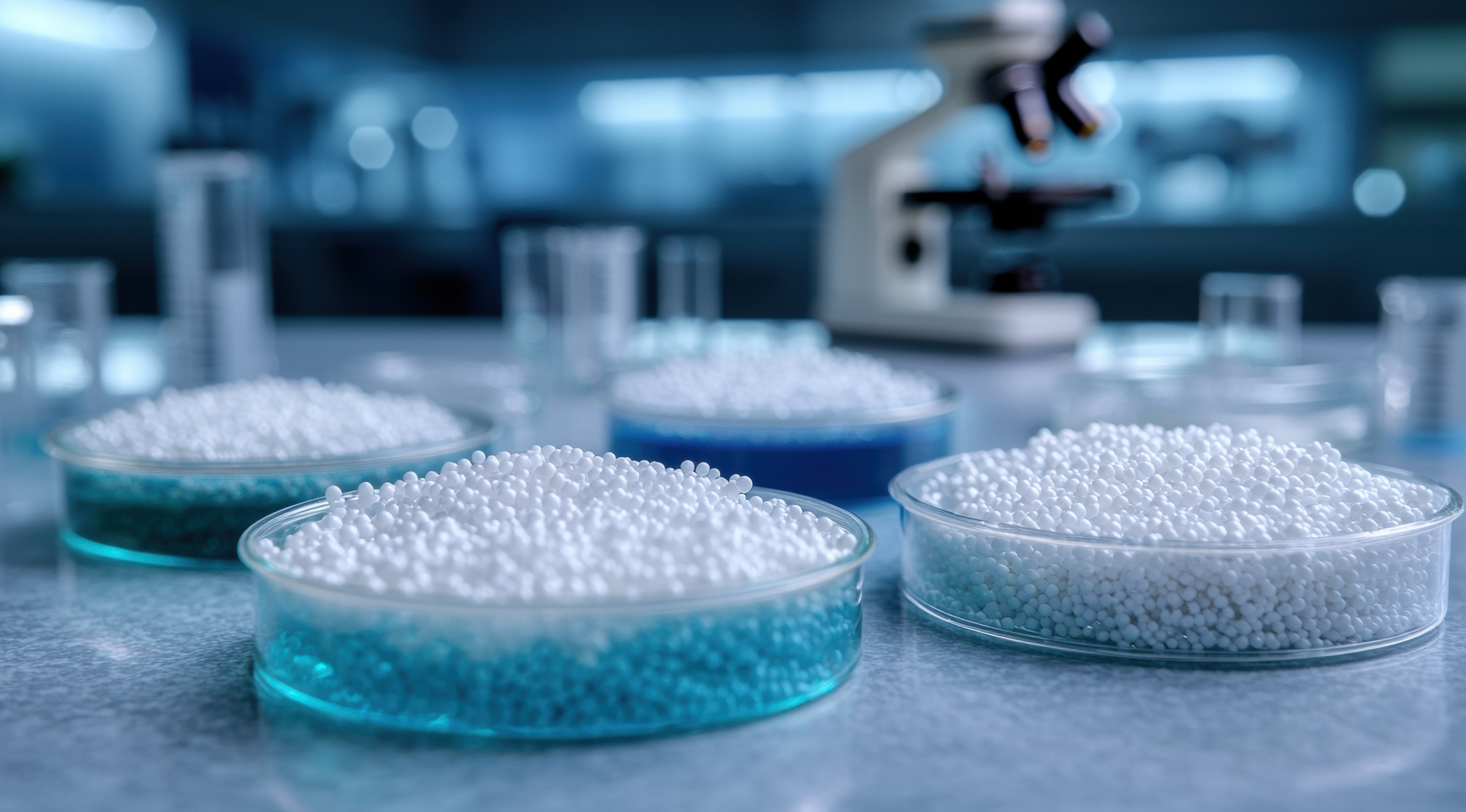 Low MOQ supplement manufacturers – pharmaceutical-grade white granules in petri dishes within a high-tech laboratory setting, symbolizing precision, quality control, and scalable supplement production