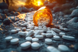 White Supplement Pill Bottles Against a City Skyline for private label vitamin supplement
