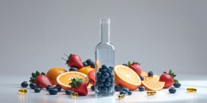 A glass bottle filled with blueberries, surrounded by fresh fruits such as oranges, strawberries, and blueberries, along with golden vitamin capsules, symbolizing natural ingredients used in vitamin manufacturing.