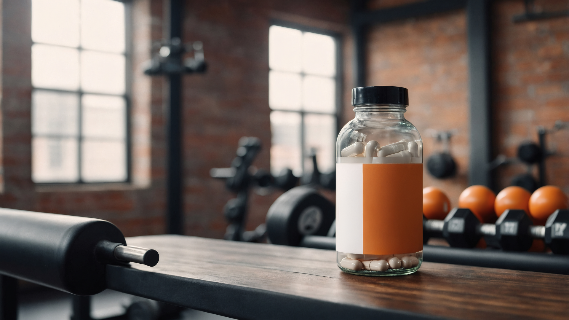 A supplement bottle with white capsules placed on a gym bench, with fitness equipment in the background, representing premium supplement brands focused on health and performance.